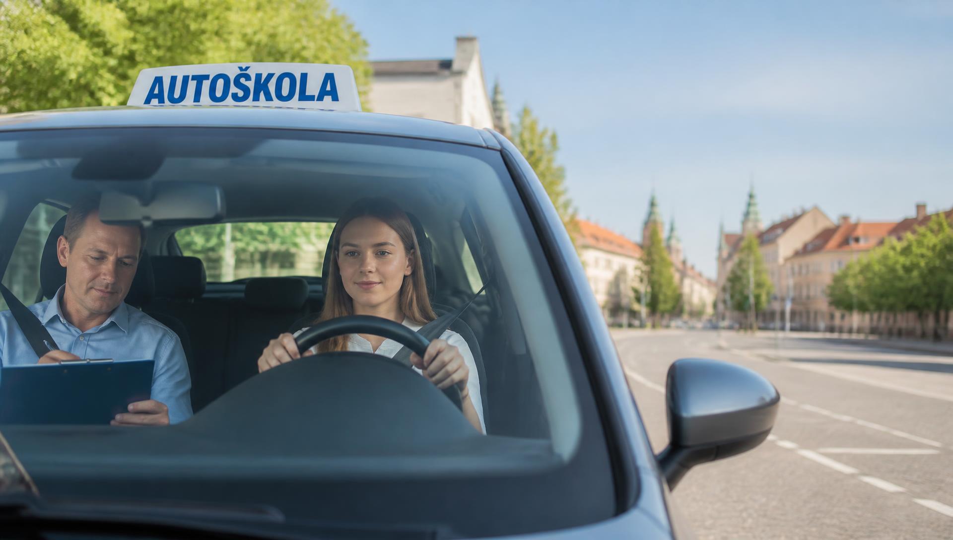 Instruktor autoškoly se žákyní ve výukovém vozidle